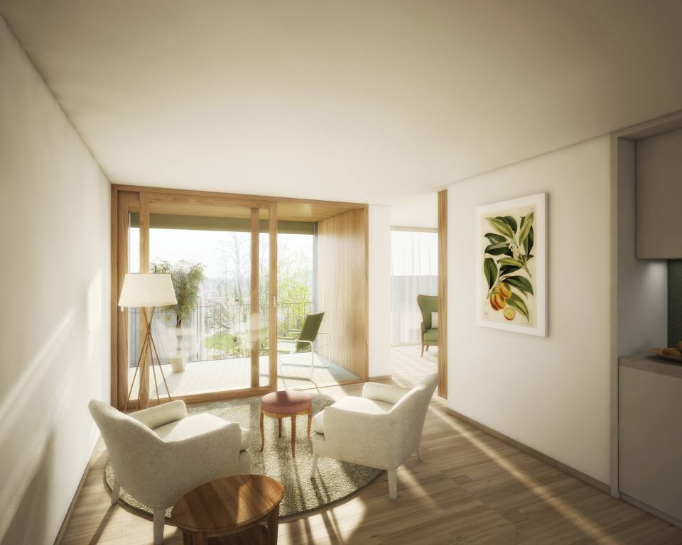 Bewohnerzimmer Balkon Quartierstützpunkte Wohnen im Alter Alterswohnungen  Thurvita AG Quartierstützpunkte Wil frm Architektur und Bauherrenmanagement Österreich Schweiz